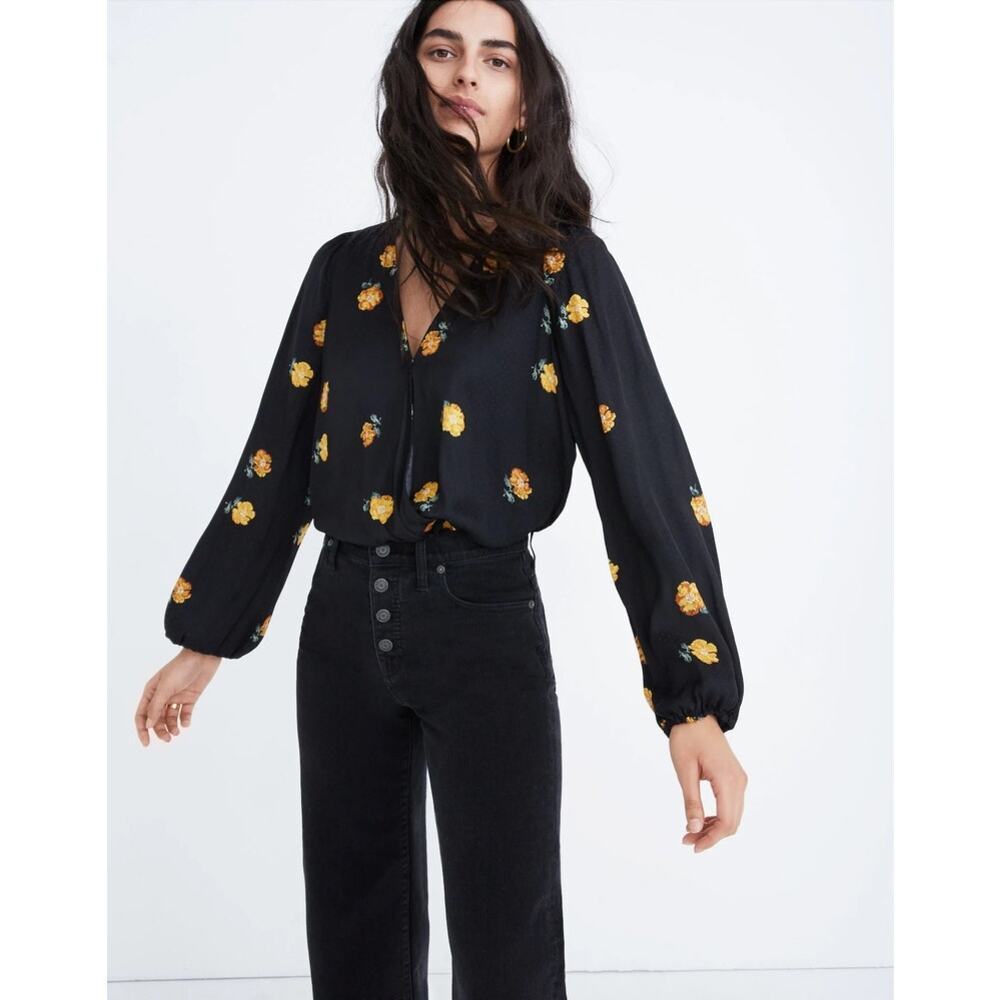 Madewell Women's Small Black Floral Wrap‎ V-Neck Balloon Sleeve Blouse
